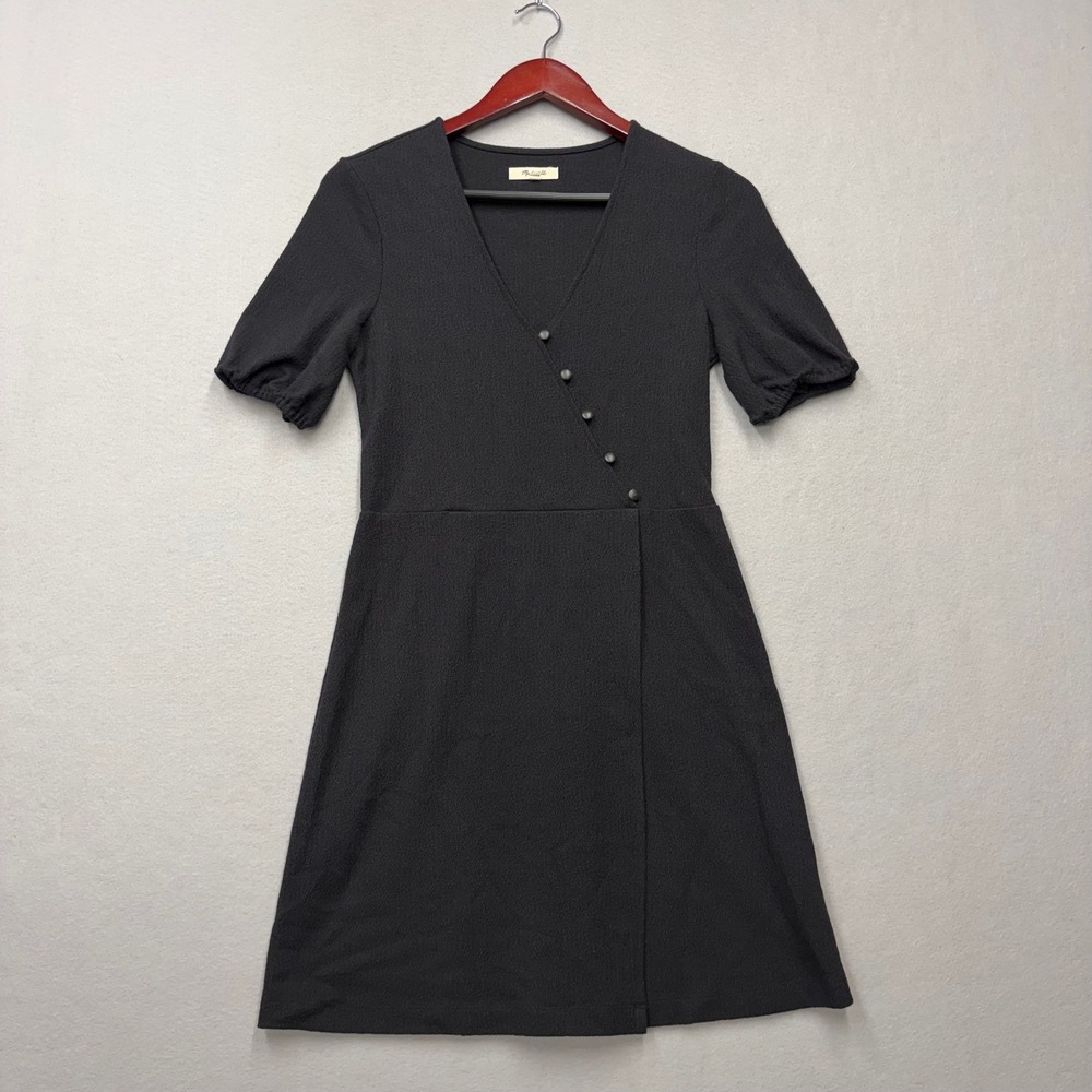 Madwell Mini Dress Womens Small Black Asymmetrical Button Wrap Crepe Short Slv
